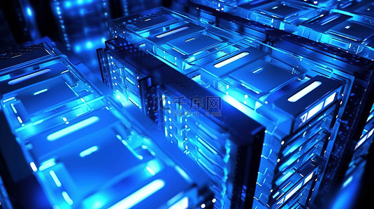 安全距离背景图片_迷人的蓝色照明服务器计算机机架的 3D 渲染，近距离拍摄