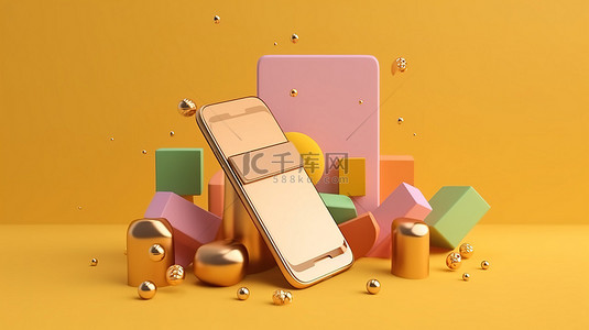 3D 渲染手机模型，具有在线购物银行卡和优雅的金色装饰