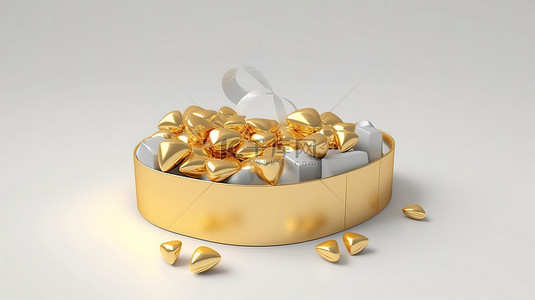 礼品纸袋背景图片_情人节礼品包的 3D 渲染，白色背景上有金色的心