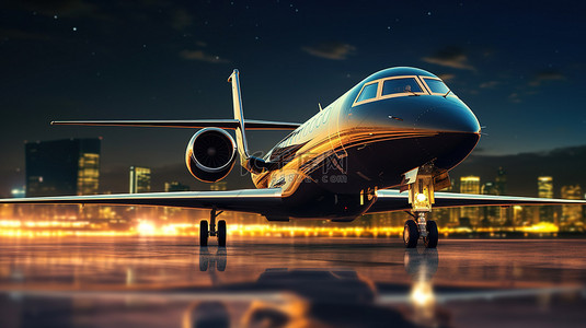 一架装饰豪华的宏伟私人飞机停在跑道上，在夜间模糊的城市灯光背景下 3D 渲染