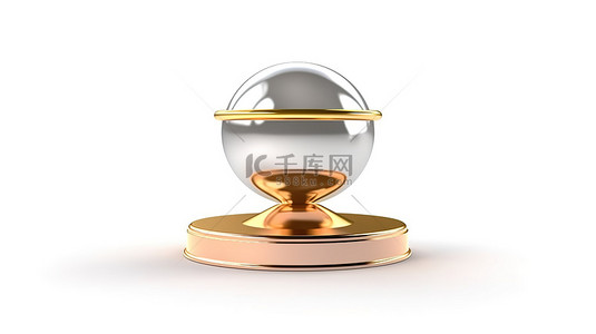 白色背景的圆形基座平台，浏览器地址栏上有金色奖杯的 3D 渲染