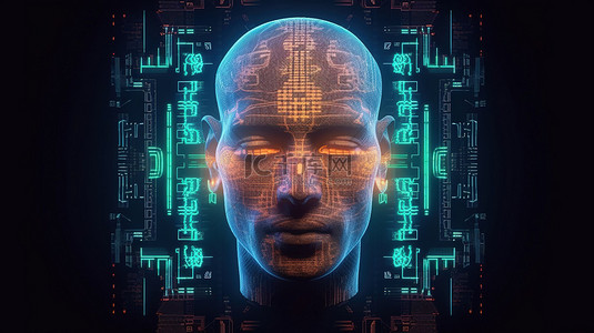 人脸勾勒背景图片_使用机器人脸和全息图技术的印度卢比货币的未来 3D 渲染