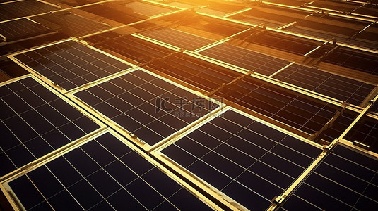 太阳能电池发电站鸟瞰图利用电力的太阳能电池板渲染