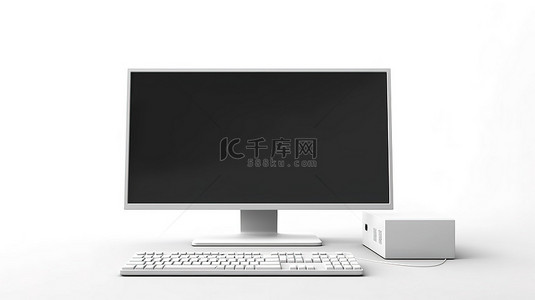 在 3d 渲染中的白色背景上带有键盘和鼠标的空白屏幕计算机