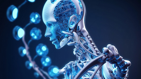 使用持有 DNA 螺旋的 3D 渲染机器人描述医疗技术的进步