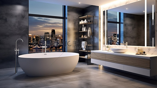 龙头水柱背景图片_公寓内带浴缸的豪华现代浴室的令人惊叹的 3D 渲染