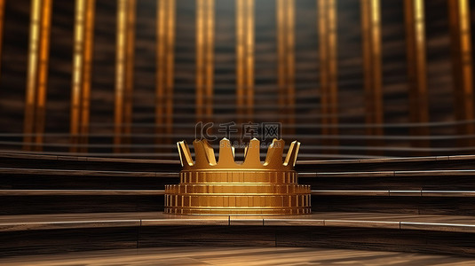 胜利等待着金色王冠装饰着 3D 渲染的金色楼梯，象征着体育和商业比赛的成功