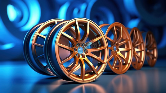 时尚的汽车车轮设置在一致的背景上，在 3D 渲染中散发出飘逸的光芒