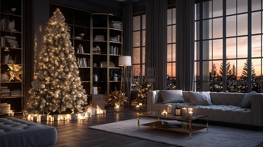 圣诞节花背景图片_在圣诞节主题客厅里举行的节日夜间聚会，客厅里有闪闪发光的树和 3D 渲染的礼物