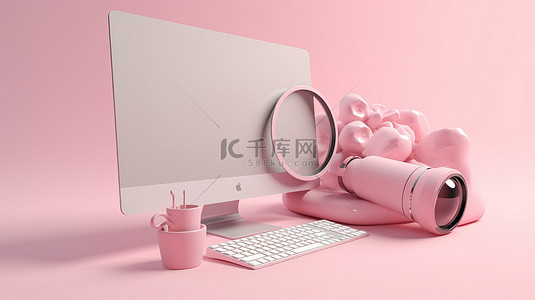 seo 营销概念的极简主义插图，在柔和的粉红色背景上使用 3d 呈现的关键字搜索