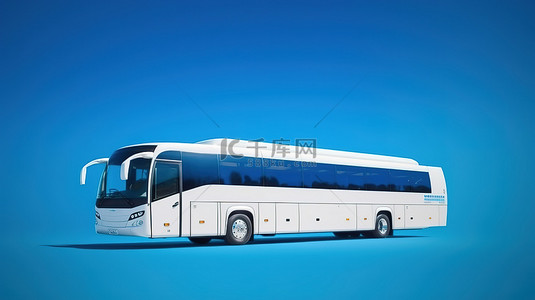 旅游巴士背景图片_蓝色背景中具有 3D 渲染的低成本旅游巴士