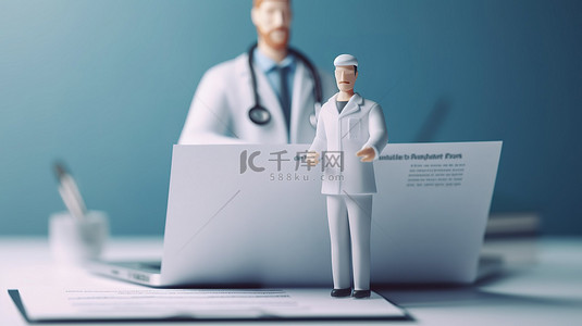 线上合同背景图片_在线健康保险概念男医生在笔记本电脑屏幕上持有卡通风格的 3D 插图合同