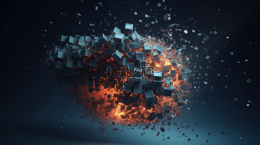 科技感封面背景图片_未来派混沌在空旷的空间中飞行立方体和粒子的动态 3D 渲染