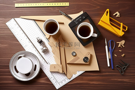 铅笔尺子背景图片_木桌上有两把尺子剪刀铅笔卷尺和一杯咖啡