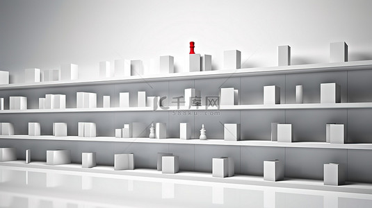 好奇的姿势和空置的零售货架孤立的白色背景下的 3D 插图
