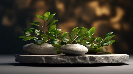 双石平台作为产品展示的背景，以 3D 渲染植物为特色