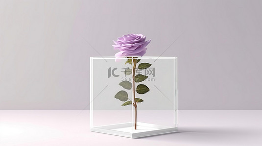 白色展示架背景图片_光滑的玻璃展示立方体的 3D 渲染，带有令人惊叹的紫色玫瑰花