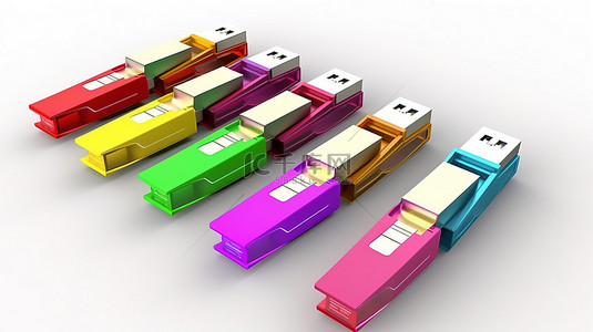 usb彩色背景图片_带有彩色办公文件夹的闪存驱动器在白色背景下设置的 3D 渲染中计算机业务概念的视觉表示