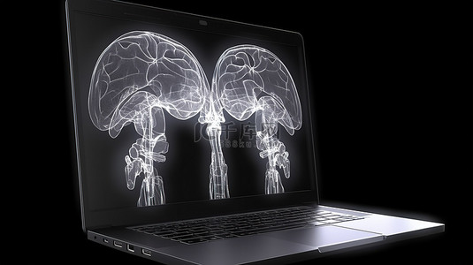 显示大脑 X 射线的电脑笔记本的孤立白色背景 3D 渲染