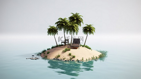热带天堂 3D 渲染岛屿，有棕榈树白色沙滩沙滩椅和雨伞