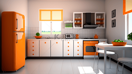 锅具卡通背景图片_厨房橙色冰箱简洁餐桌