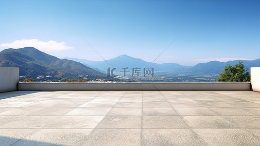 具体的背景图片_3D 渲染宁静的山地景观，配有停车场的混凝土地板