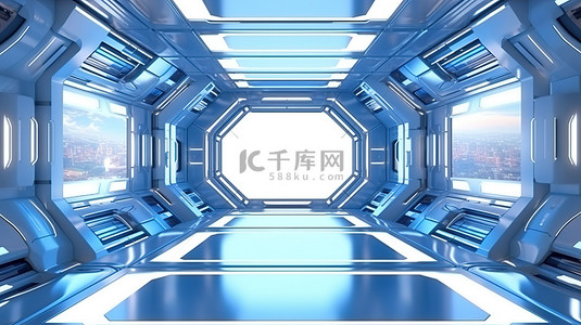 宇宙飞船或空间站内部科幻隧道中垂直广告牌或液晶屏幕落地支架的未来派 3D 渲染