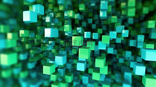 3D 渲染绿色和蓝色航空立方体，用于技术公司业务和网络开发