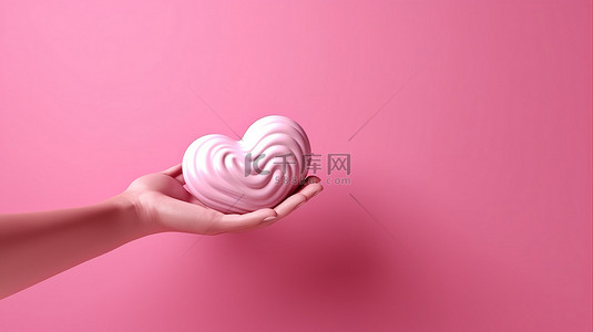 粉红色背景与 3D 渲染浮动的心和手