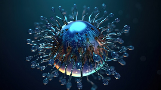 倒计时动画背景图片_发光的深蓝色球体，带有有机触角和水滴 3D 插图