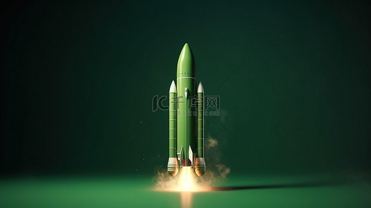 旅行绿色背景图片_绿色背景下的 3D 渲染火箭发射
