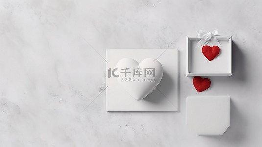 爱情主题 3D 渲染心形卡片模型，配有情人节或婚礼礼品盒