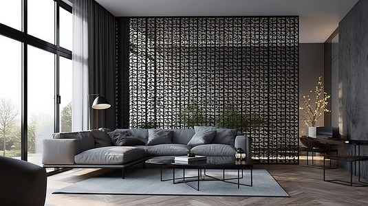 现代客厅配有 3D 可视化时尚金属板墙