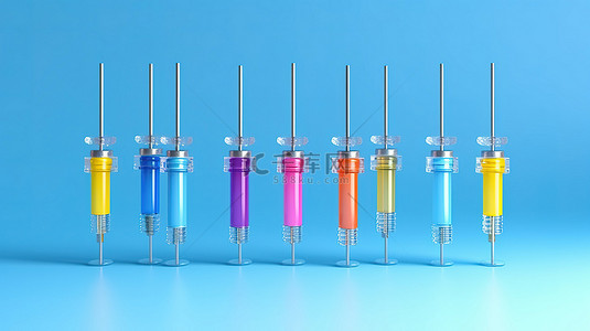 柔和蓝色背景下注射器中色彩鲜艳的疫苗的简约概念 3D 渲染