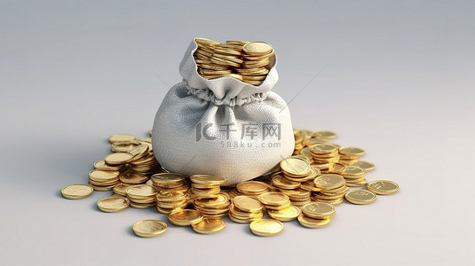 孤立的金银钱袋，上面有一堆硬币，最小的 3D 渲染代表储蓄的概念