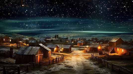农家乐图片背景图片_繁星点点的夜空照亮了图片完美的村庄 3D 插画