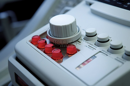 一台白色机器，有两个按钮，一条红线，顶部有一台小电脑