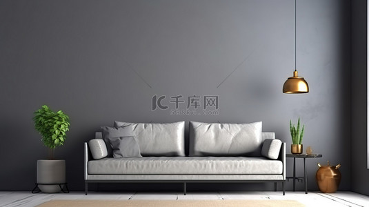 灰色搭配背景图片_优雅的客厅装饰着灰色沙发和餐具柜，搭配令人惊叹的灰色墙壁 3D 渲染