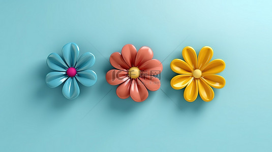 各种 3D 花朵，色彩鲜艳，天蓝色背景，非常适合网页和横幅设计