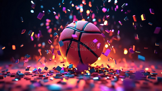 霓虹灯照明 3D 插图中破碎的篮球