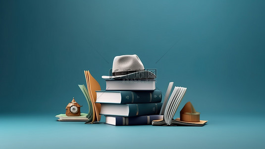 蓝色的书籍背景图片_回到学校横幅 3d 帽子和蓝色背景的书籍教育概念
