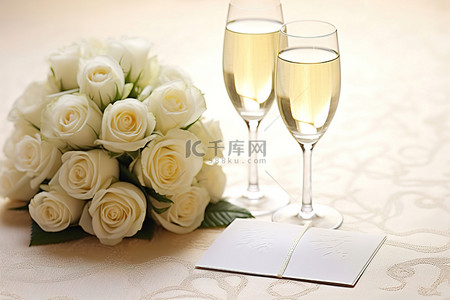 桌上放着一束玫瑰花和香槟酒杯，上面放着婚礼卡