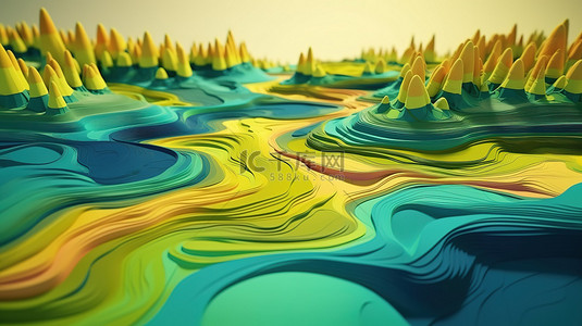 充满活力和想象力的抽象背景，具有郁郁葱葱的绿草和宁静的蓝色湖泊的 3D 景观