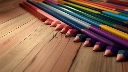 带彩色铅笔的木质表面和 3D 渲染中的空白页