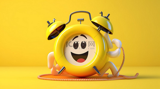3D 渲染的闹钟角色吉祥物，黄色背景上有救生圈