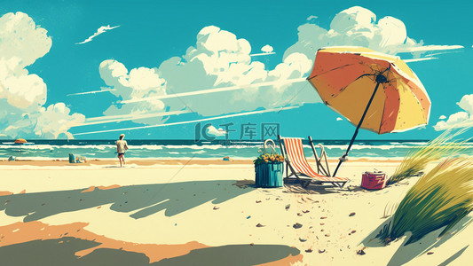 夏日沙滩蓝天插画背景