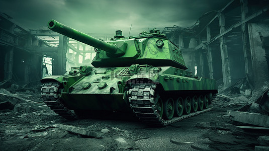 装甲车背景图片_绿色装甲车在 3D 渲染的战区中，建筑物被毁