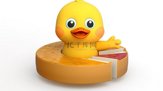 1 可爱的黄鸭人卡通吉祥物，以信息图形商业饼图为特色，以白色背景 3D 渲染为特色