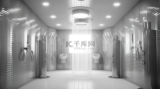 带水龙头的时尚金属镀铬淋浴墙系统的 3D 渲染，提供现代沐浴体验