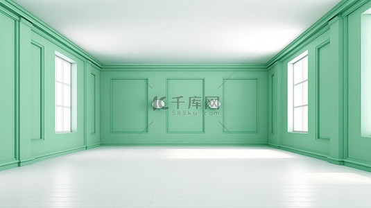 空的白色地板内部与充满活力的绿色薄荷墙 3D 渲染